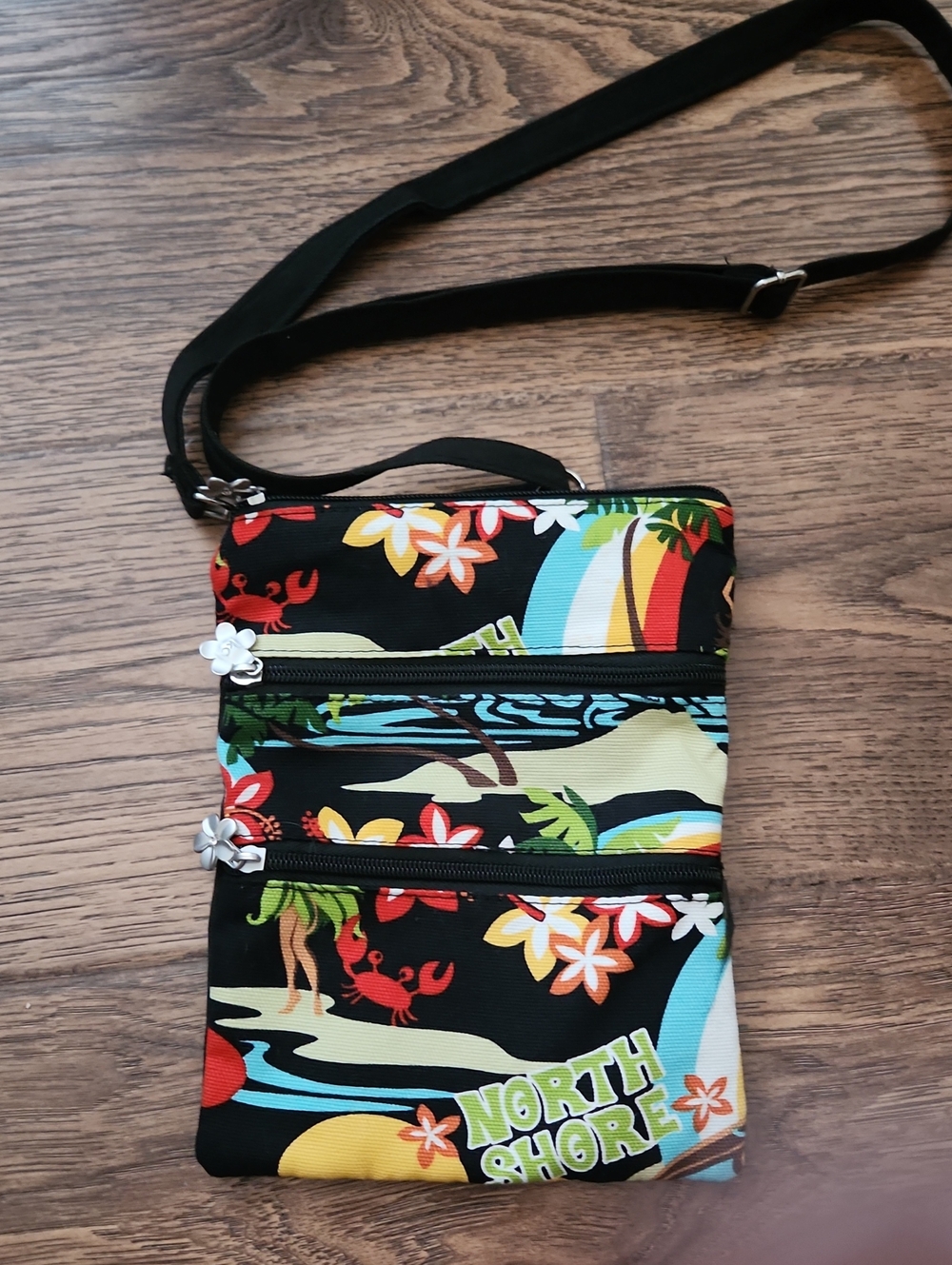 Hawaiian Themed Black Multicolor North Shore Floral Crossbody Bag